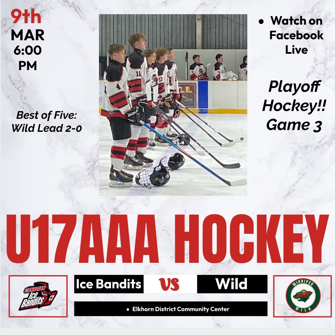 Game 3 tonight in Elkhorn, MB.  The boys looking to keep their playoff hopes alive.  Go Bandits!!🤠🏒🥅