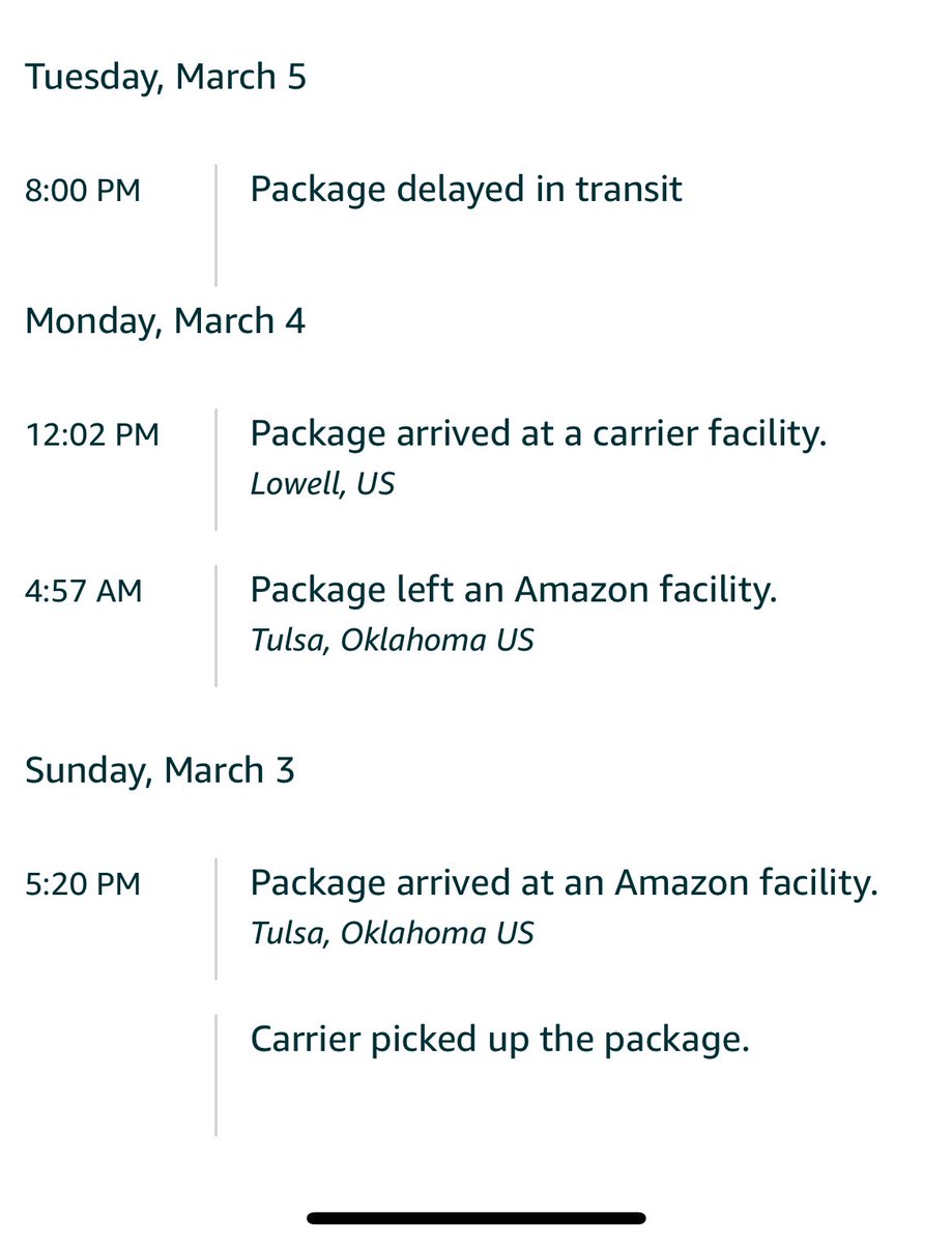 DebbyC63's tweet photo. @amazon how can my package have made it from shipping facility to your warehouse in two days, but it can’t seem to make it to my home three miles away in four now?  You keep raising the price of Prime and service is going downhill, as this isn’t the first!! https://t.co/qO0l7FJQ9v