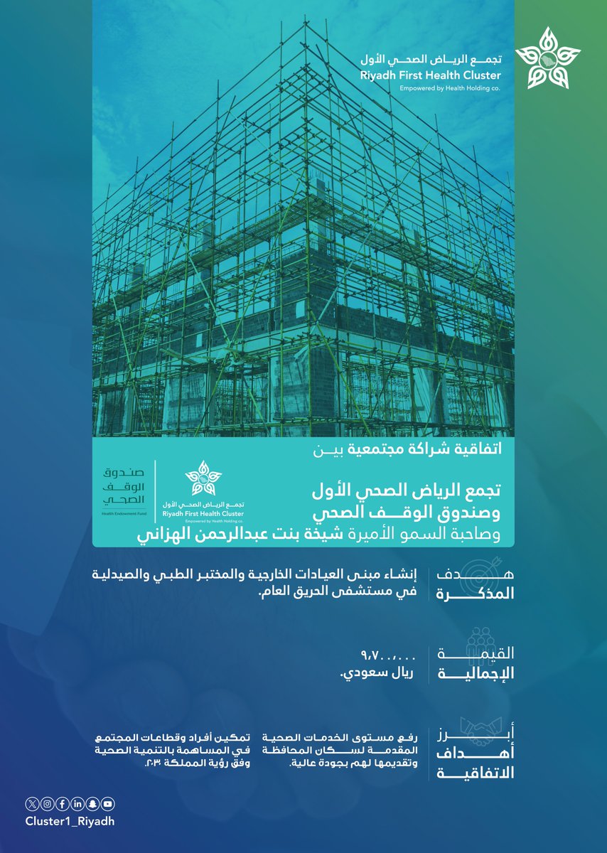 hareqnews's tweet photo. صاحبة السمو الأميرة #شيخة_بنت_عبدالرحمن_الهزاني،تتبرع بمبلغ تسعة مليون وسبعمائة ألف ريال (٩،٧٠٠،٠٠٠) ريال ،لإنشاء مبنى العيادات الخارجية والمختبر الطبي والصيدلية في #مستشفى_الحريق العام،حيث تم الانتهاء من توقيع إتفاقية شراكة مجتمعية بين #تجمع_الرياض_الصحي_الأول وصندوق الوقف الصحي وصاحبة السمو الأميرة شيخة بنت عبدالرحمن الهزاني.

نشكر الأميرة شيخة على هذا التبرع السخي ،والغير مستغرب من سمو الأميرة تجاه بلدتها ومسقط رأسها #محافظة_الحريق، فهي دوما سباقة للمبادرات الخيرية وخصوصا التي تخدم مجتمعها؛مجتمع الحريق ، وسيبدأ العمل في إنشاء المبنى خلال الأربعة أشهر القادمة، وسيساهم هذا المشروع بعد اكتماله في العمل بالطاقة القصوى في العيادات الخارجية والمختبر بالمستشفى وسيحسن من جودة الخدمات الطبية المقدمة فيه،وبلا شك فهذا التبرع السخي سيشكل إضافة وينهي معاناة المبنى في المستشفى، نسأل الله أن يجازيها خير الجزاء ويكتب لها الأجر والثواب ويجعل ما قدمت في موازين أعمالها، كما نشكر إدارة المستشفى وإدارة تجمع_الرياض_الصحي_الأول،والشكر موصول لمعالي وزير الصحة  على تعاونهم وتذليل كافة العقبات في إنهاء هذه الشراكة المجتمعية..
@Cluster1_Riyadh 
@alhariqhospital