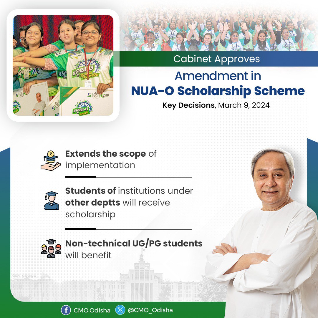 #OdishaCabinet led by CM @Naveen_Odisha has approved the amendment in #NUAO Scholarship guidelines. It will benefit the UG, PG students pursuing non-technical courses in institutions under administrative control of other departments. The move underscores Govt’s commitment to…