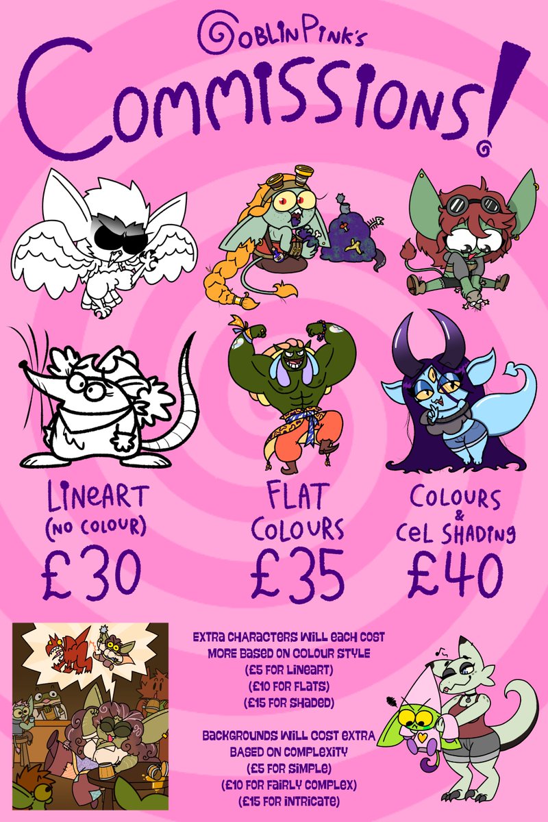 GoblinPink's tweet photo. Ladies, gentlemen, goblins, etc...I present to you my new and improved c0mmissi0n sheet!
If you've got any OCs, be they goblins or otherwise to be drawn, then don't be afraid to ask! ✌️💚 https://t.co/QrOxHDoWod
