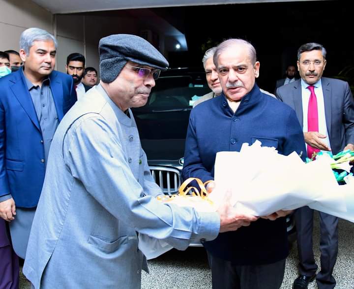 Prime Minister Muhammad Shehbaz Sharif being welcomed by President-elect Asif Ali Zardari upon his arrival at Zardari House Islamabad on 9th March, 2024.