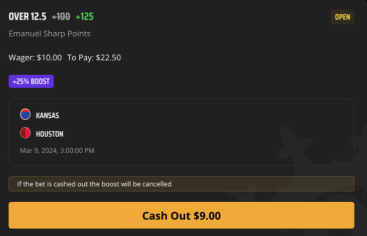 EdgePlayBook's tweet photo. #BetInPublic #WomenInBetting We place the 3rd 25% Profit Boost token for #NCAABasketball on #KansasVsHouston Fair odd for #EmanuelSharp Over 12.5 Points is +109 for 7% EV #GamblingTwitter #EVBetting