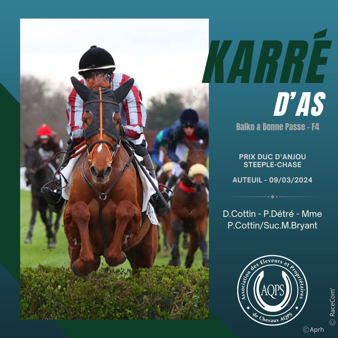 📍3/5 à Auteuil

🏆Unique Groupe de la journée, le Prix Duc d'Anjou (Gr3) est remporté par la régulière KARRÉ D'AS (Balko) qui s'impose pour la 2ème fois de sa carrière. 
🚀Pour 5 sorties en compétition, KARRÉ D'AS n'est jamais sortie des 2 premières places ! 

#bredtojump