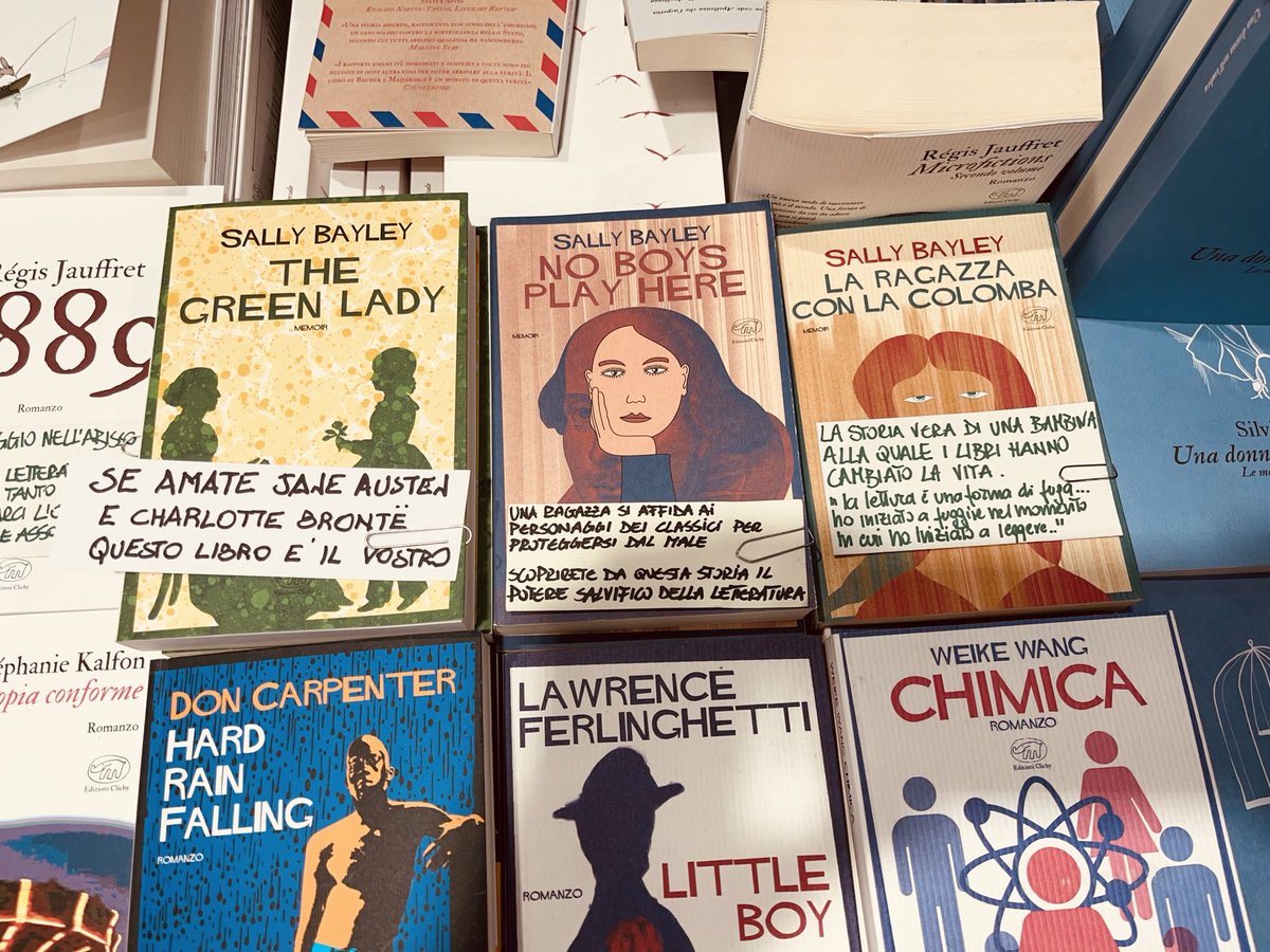 GIRL WITH DOVE, NO BOYS PLAY HERE &amp; THE GREEN LADY at the Milan Book Fair today next to Lawrence Ferlinghetti &amp; Weike Wang &amp; Don Carpenter ⁦<a href="/EdizioniClichy/">Edizioni Clichy</a>⁩ ⁦⁦<a href="/bookhive/">The Book Hive</a>⁩ ⁦⁦<a href="/BookSpiv/">Sandspout Bookstore</a>⁩ ⁦<a href="/blackwelloxford/">Blackwell's, Oxford’s Bookshop</a>⁩