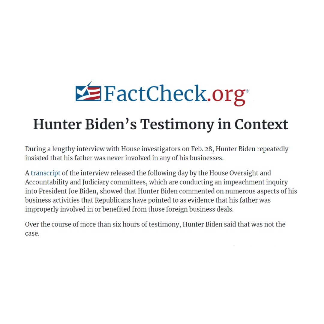 OversightDems's tweet photo. Hunter Biden debunked the phony claims and conspiracy theories of felons, indicted liars, and Putin’s agents. 

Time to retire the lies and put this impeachment inquiry out to pasture.

✅Read the latest independent fact check.
https://t.co/OhkBM9pJsU https://t.co/LivTyhBflZ