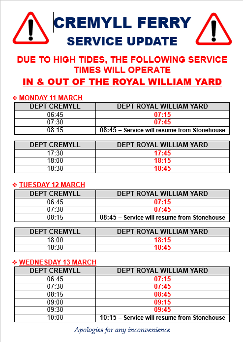 🚨🌊 ADVANCED NOTICE 🌊🚨 Attention all ferry passengers! Due to high tides, the Cremyll Ferry will be operating from Royal William Yard at the following times. We appreciate your understanding as we navigate these changes together and thank you for your cooperation! 🚤♥️