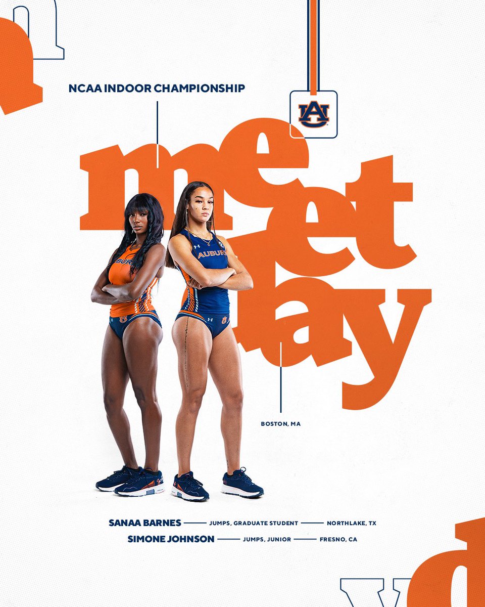 AuburnTFXC's tweet photo. The time has come 

👟 NCAA Championships
📍 Boston, Massachusetts 
⏱️ 9:30 am CT - Sanaa Barnes will compete in high jump at noon CT and Simone Johnson will compete in triple jump at 5:30 pm CT
📊 https://t.co/E8wwYTUpoy
📺 ESPN+

#WarEagle https://t.co/PofCuqJbvj