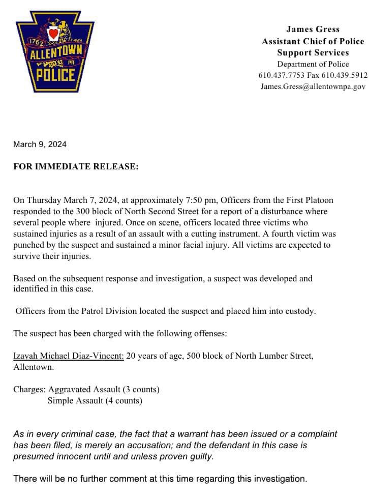 MEDIA RELEASE: Aggravated Assault Arrest #AllentownPolice