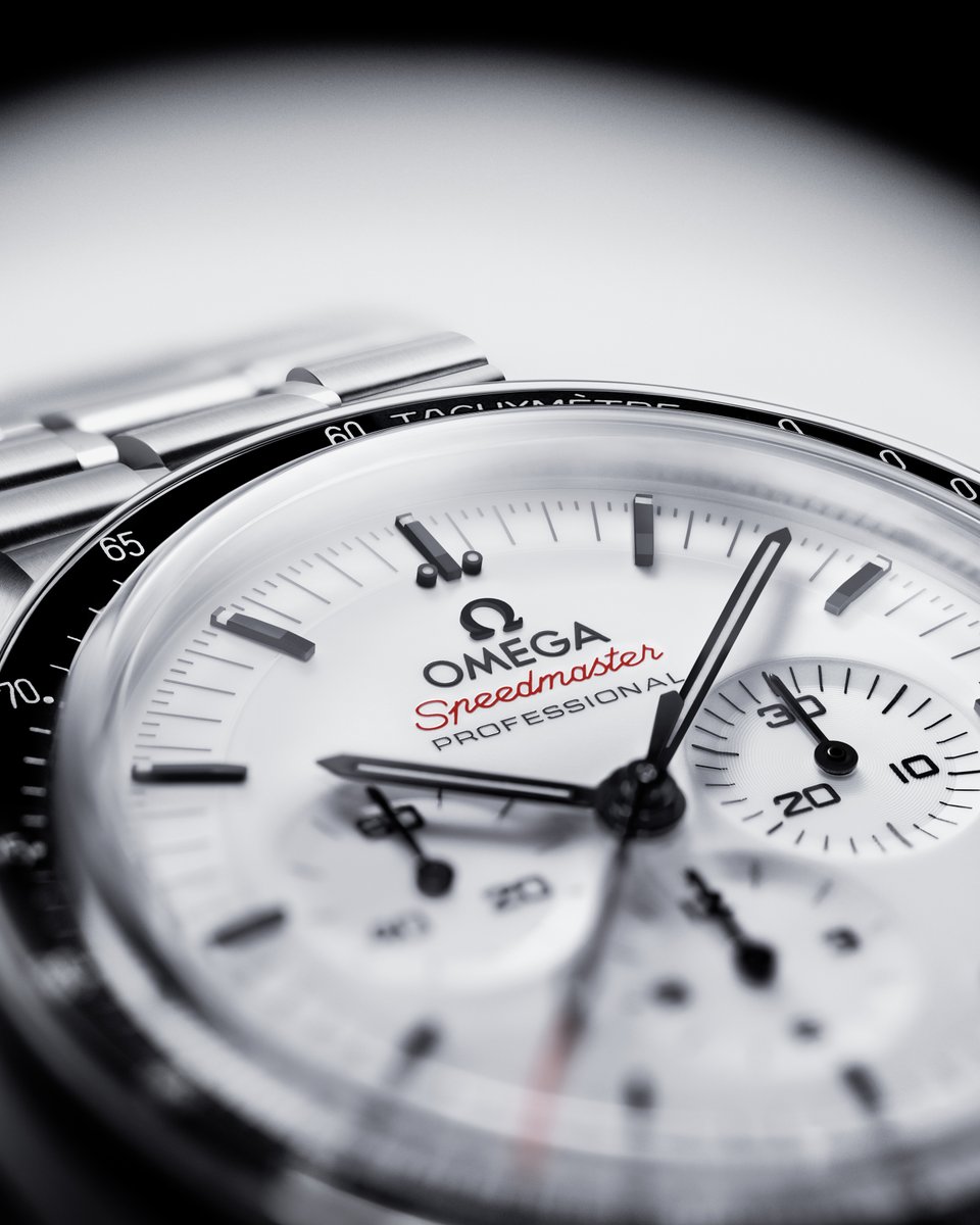 The new 42 mm Moonwatch in stainless steel is presented with a lacquered white dial, and especially for Speedmaster fans, a famous “Dot over Ninety” on the tachymeter scale. omegawatches.com/MoonwatchWhite #OMEGA #Moonwatch #Speedmaster