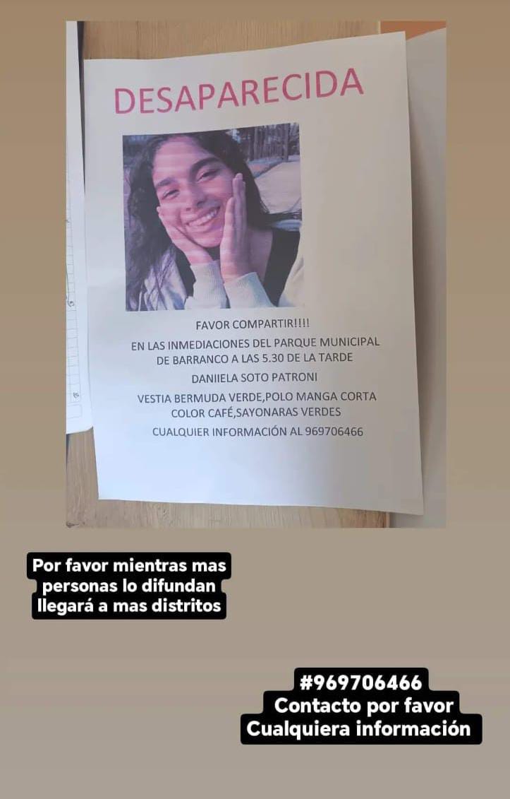 stephanieocarra's tweet photo. Ayudanos a encontrar a Daniella #SeBusca @MimpPeru @munibarranco @Rosario_Sasieta @anajarav @ManuCamacho @julianaoxenford @miraflores24h https://t.co/TaXIeQS4og