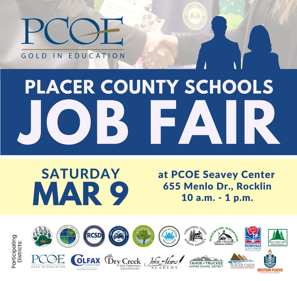 TODAY 📅❗ Join us for the 2024 Placer County Schools Job Fair at PCOE Seavey Center. Meet with districts from across the county looking to hire in Certificated, Classified and Administration positions. Dress to impress and bring your resume. Flyer: bit.ly/3T06fpt