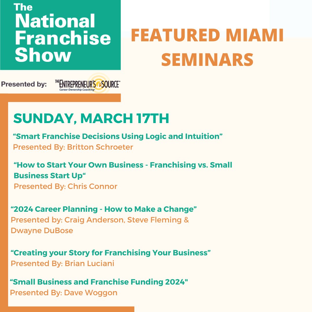 Join us at the Miami Airport Convention Center for FREE seminars given by franchise and business experts. With critical information they can help YOU make the right decisons. March 16th and 17th. Full schedule of seminars and tickets here: franchiseshowinfo.com/miami-visitor