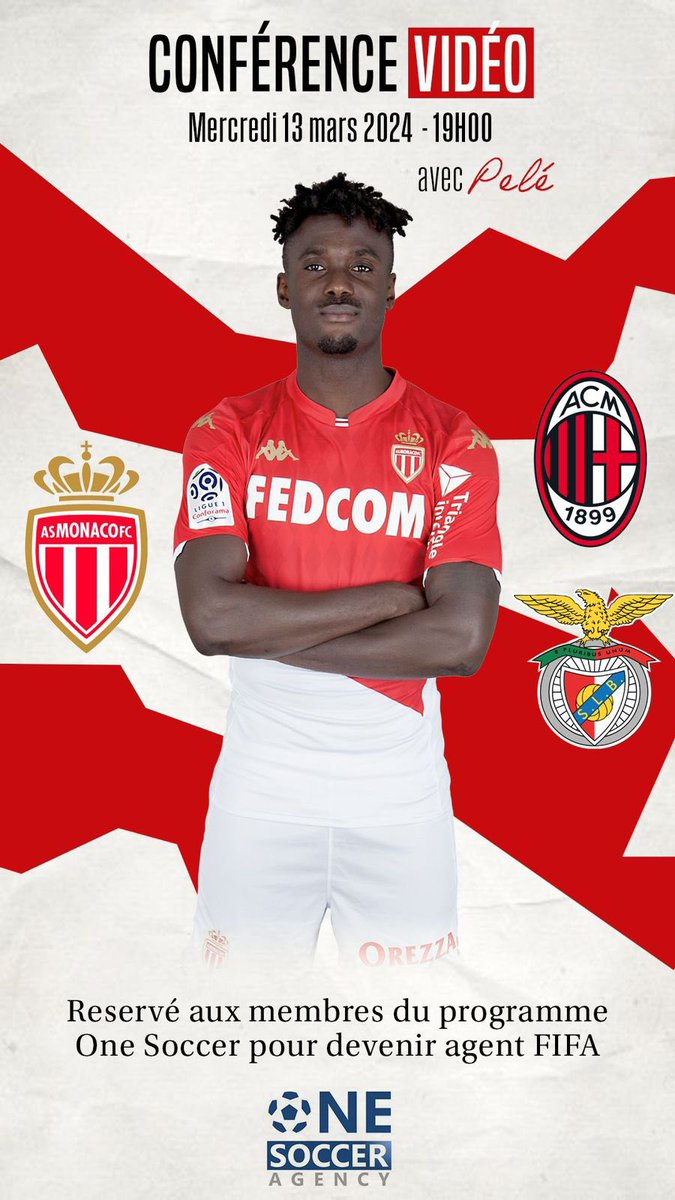 EXCLU l’ancien joueur de Jorge Mendes, Pelé, passé par l’AC Milan, Benfica, l’AS Monaco et international Guinéen sera en conférence avec l’Agence Andorrane One Soccer ce mercredi à 19h.

Si tu pense requérir les qualités pour être AGENT FIFA merci de venir en MP. 

Place limitée.
