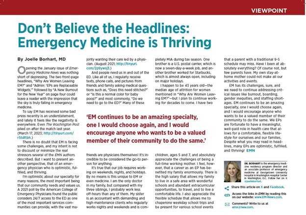 EMNews's tweet photo. Recent headlines about #EM have been depressing, with articles about burnout, disrespect from admin, &amp; #EPs fleeing #emergencymedicine.

But @joelleborhart says she still loves and feels optimistic about the specialty. https://t.co/7tMDG1rvEC https://t.co/QweWZOP2al