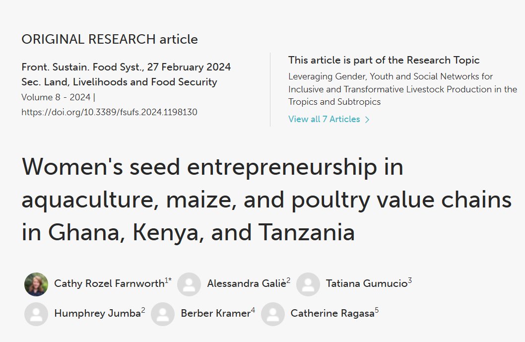 🐟🌽🐔Women's seed entrepreneurship in aquaculture, maize, and poultry value chains in #Ghana, #Kenya, and #Tanzania. 📝By Cathy Rozel Farnworth, Alessandra Galiè, Tatiana Gumucio, Humphrey Jumba, @BerberKramer, and Catherine Ragasa @crragasa. 🖱️doi.org/10.3389/fsufs.… @CGIAR