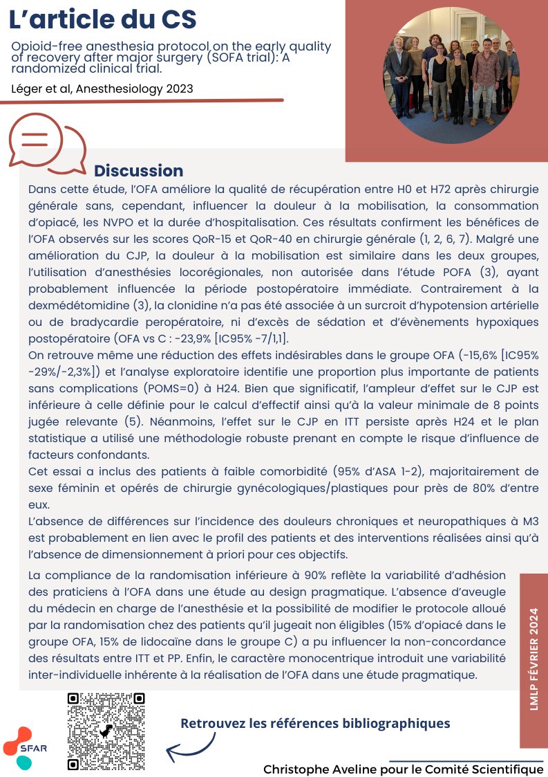 SFAR Anesthésie Réanimation (@sfar_org) on Twitter photo 💥 Focus du Masque et la Plume "Opioid-free anesthesia protocol on the early quality of recovery after major surgery (SOFA trial): A randomized clinical trial."
📥 L'intégralité disponible ici ➡️ sfar.org/le-masque-et-l…
<a href="/_Lirycs_/">Cyril Quemeneur</a> <a href="/AJARFrance/">AJAR France 🇫🇷</a> <a href="/SNJeunesAR/">Syndicat National des Jeunes Anesth-Réa</a> <a href="/SyndicatSnarf/">SNARF</a> <a href="/SNPHARE/">SNPHARE</a> 💥 Focus du Masque et la Plume "Opioid-free anesthesia protocol on the early quality of recovery after major surgery (SOFA trial): A randomized clinical trial."
📥 L'intégralité disponible ici ➡️ sfar.org/le-masque-et-l…
<a href="/_Lirycs_/">Cyril Quemeneur</a> <a href="/AJARFrance/">AJAR France 🇫🇷</a> <a href="/SNJeunesAR/">Syndicat National des Jeunes Anesth-Réa</a> <a href="/SyndicatSnarf/">SNARF</a> <a href="/SNPHARE/">SNPHARE</a>
