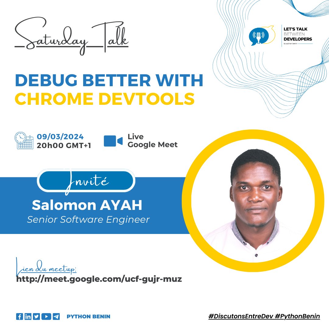 jules_adonsi's tweet image. Hello,

RDV tout à l&apos;heure a 20h sur lnkd.in/ejWFtamY

Je serai en ligne avec Salomon AYAH dans le cadre du programme &quot;Discustons entre dev&quot;.

Ce soir nous parlerons de comment &quot;Mieux débugger avec Chrome DevTools&quot;
#dev #webdevelopment #PythonBenin