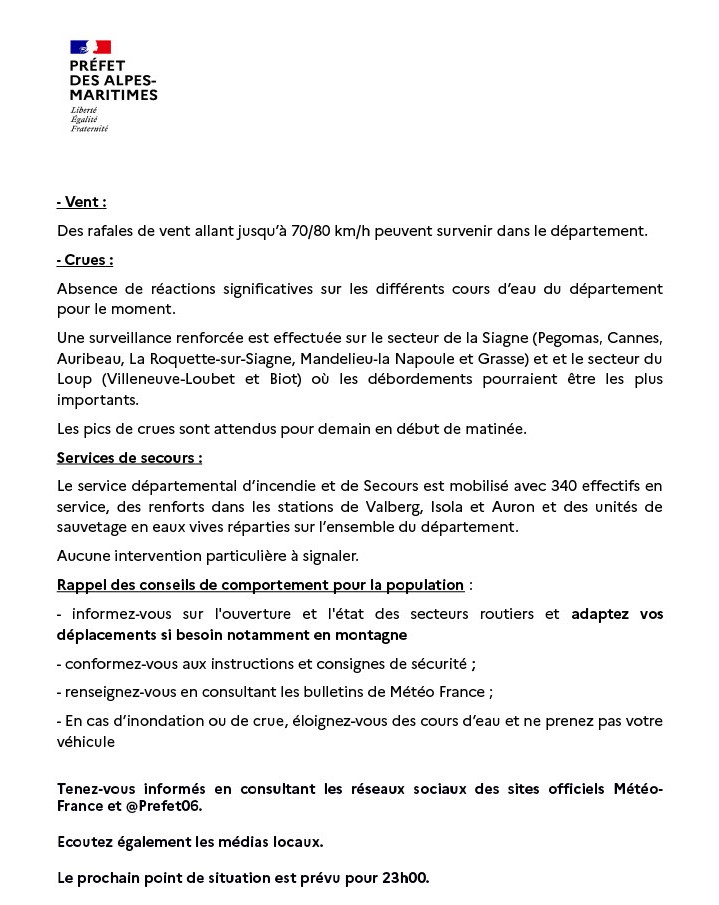 prefet06's tweet photo. Point de situation météorologique dans les #AlpesMaritimes à 18h.
Les prévisions annoncées se confirment avec un épisode de pluie principalement dans l'Ouest du département avec des cumuls de 100/120mm.
Surveillance renforcée des cours d'eau des secteurs de la Siagne et du Loup. https://t.co/2ZDHsGqEyZ