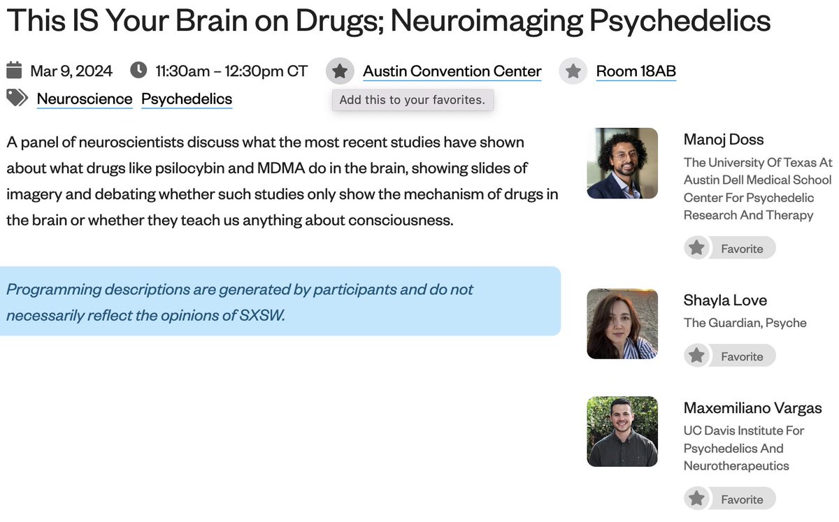 If you're at #SXSW2024, check out @shayla__love, @ItsMaxemiliano, and my panel on psychedelics and the brain at 11:30 AM! schedule.sxsw.com/2024/events/PP…
