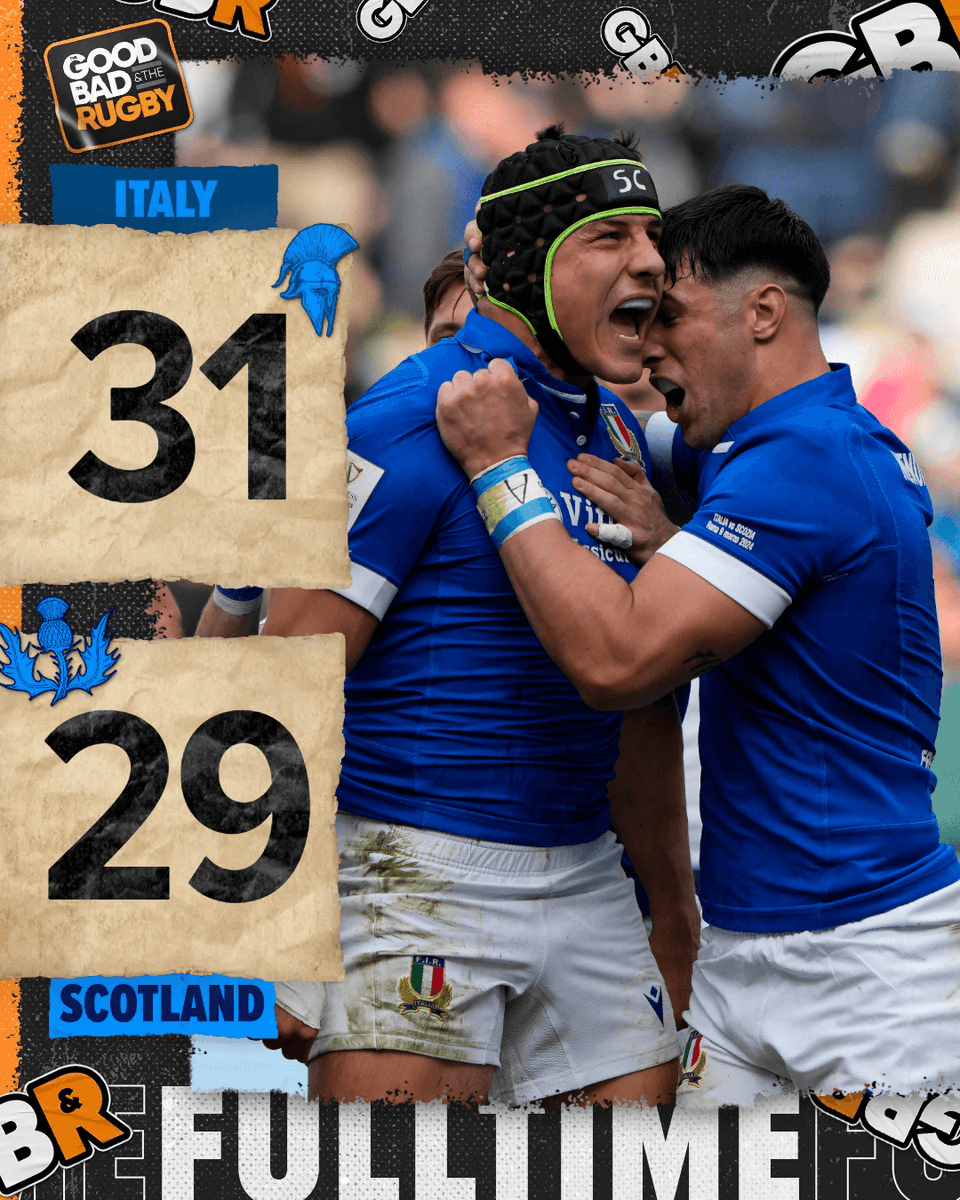 GoodBadRugby's tweet photo. ITALY DEFEAT SCOTLAND IN ROME! 🇮🇹

The Azzurri get their result after an EPIC battle at the Stadio Olimpico.

Describe that game in JUST three words! 🤯

#ITAvSCO #SixNationsRugby https://t.co/PJvZpvXHyF