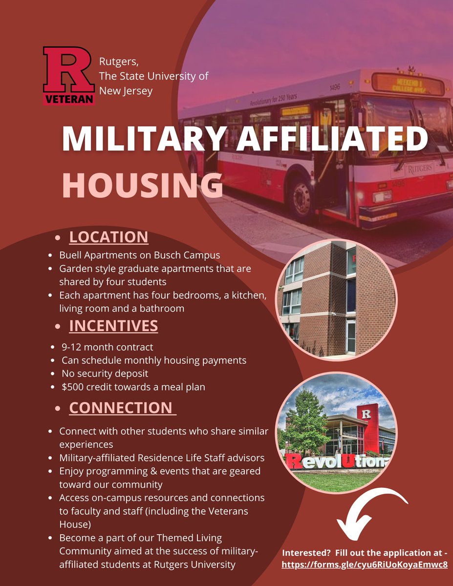 RuVeterans's tweet photo. Calling all military-affiliated students! If you are interested in military-affiliated housing please sign up before March 22, 2024! Build a connection with other military-affiliated students! 

If interested sign up at: https://t.co/jPqE7c4Xtj https://t.co/skXMaV8RR5