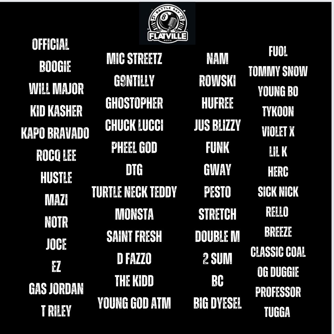 VILLY_Zuko's tweet photo. 🎤🔥 Calling all battlers and fans of Louisiana battle rap! We want YOUR input !! 🗣️Out of these 51 🗣️who are the top 20” ??? Take a look at the list below and let us know who you think deserves a spot in the ranks! Your opinion matters, so drop your top picks in the comments. Let's shine a spotlight on the incredible talent from the Bayou State! 💯💥UKNOWWW
Let the debates begin! Who's holding it down for Louisiana in the battle rap scene? Drop your top 20 now! 🔥🎤 #FlatVilleMedia #LouisianaBattlers #Top20 #BattleRapCommunity #NolaBattleRap #LouisianaBattleRap #Flatline #Kreo #Molded #LetsBeReal #GotBarz #Bayou #TheVillage