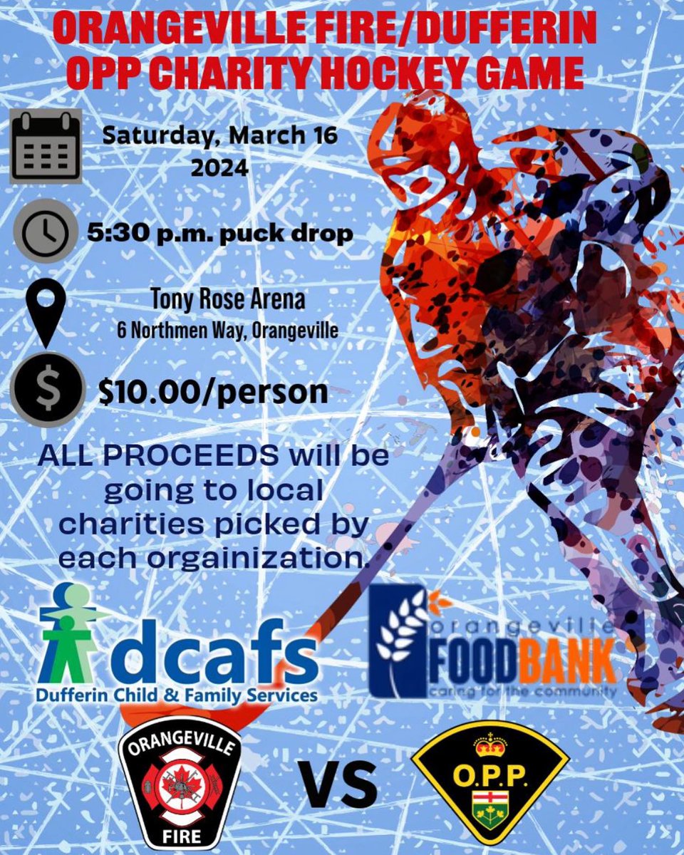 Orangeville Fire Firefighters are taking on the #DufferinOPP for our Charity Hockey Game, Saturday, March 16th, 2024 - 🏒👮vs👨‍🚒 it's going to be #hockeynightinorangeville!