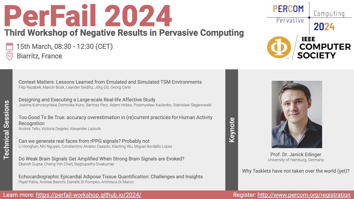 nitinder_mohan's tweet photo. Are you heading to lovely #Biarritz to attend @IEEEPerCom? 
Do not forget to attend #PerFail2024 on Friday which houses the largest PerFail program to date:  Six great tech talks and a keynote by Prof. Edinger!
https://t.co/ZWxhOEQQku
@TanyaShreedhar @Ella_Peltonen @PZdankin https://t.co/YeHHPLViJX