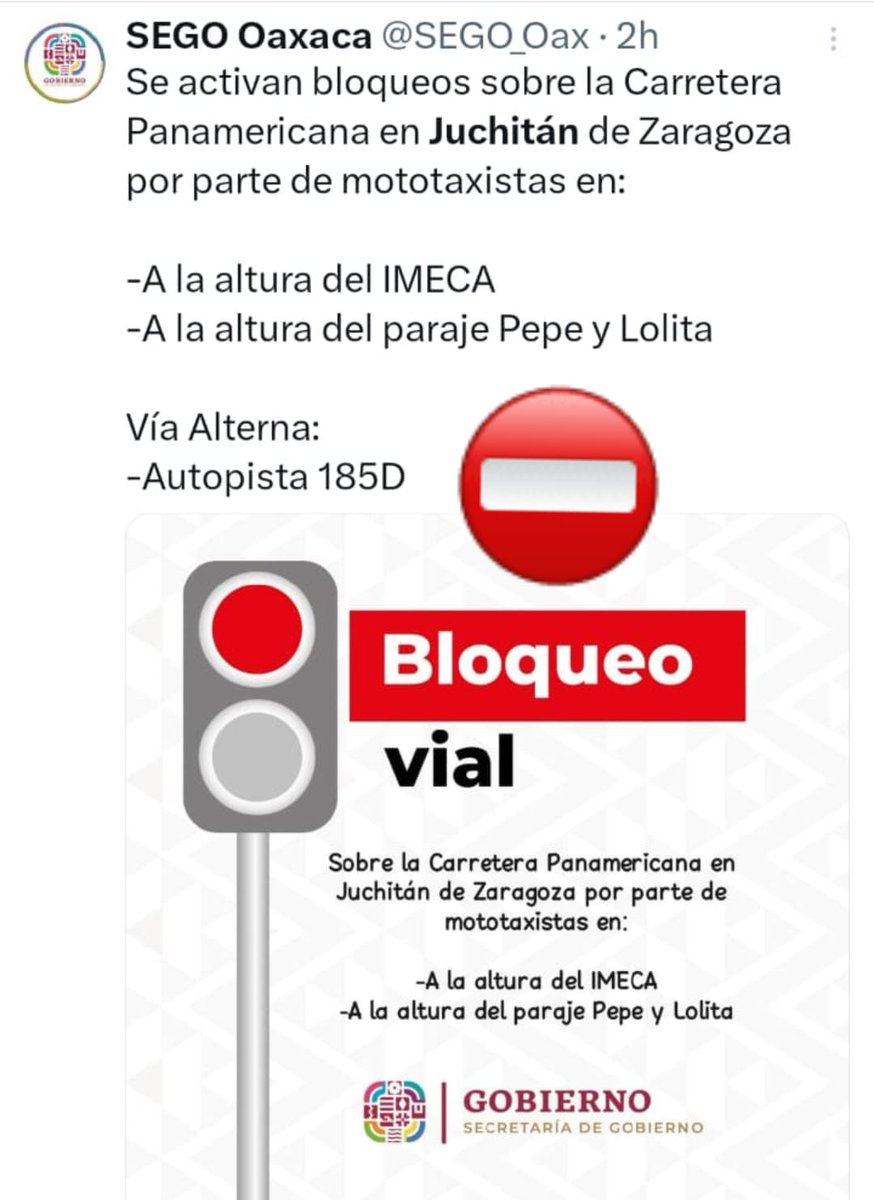 ContraProMx's tweet photo. 🔴ATENCION. Inicia bloqueo sobre la carretera federal #Oaxaca - #Chiapas, a la altura del punto denominado #IMECA en #JuchitanDeZaragoza; como opción se establece la carretera 185D hacia #Ixtepec https://t.co/z6CVM7gHkG