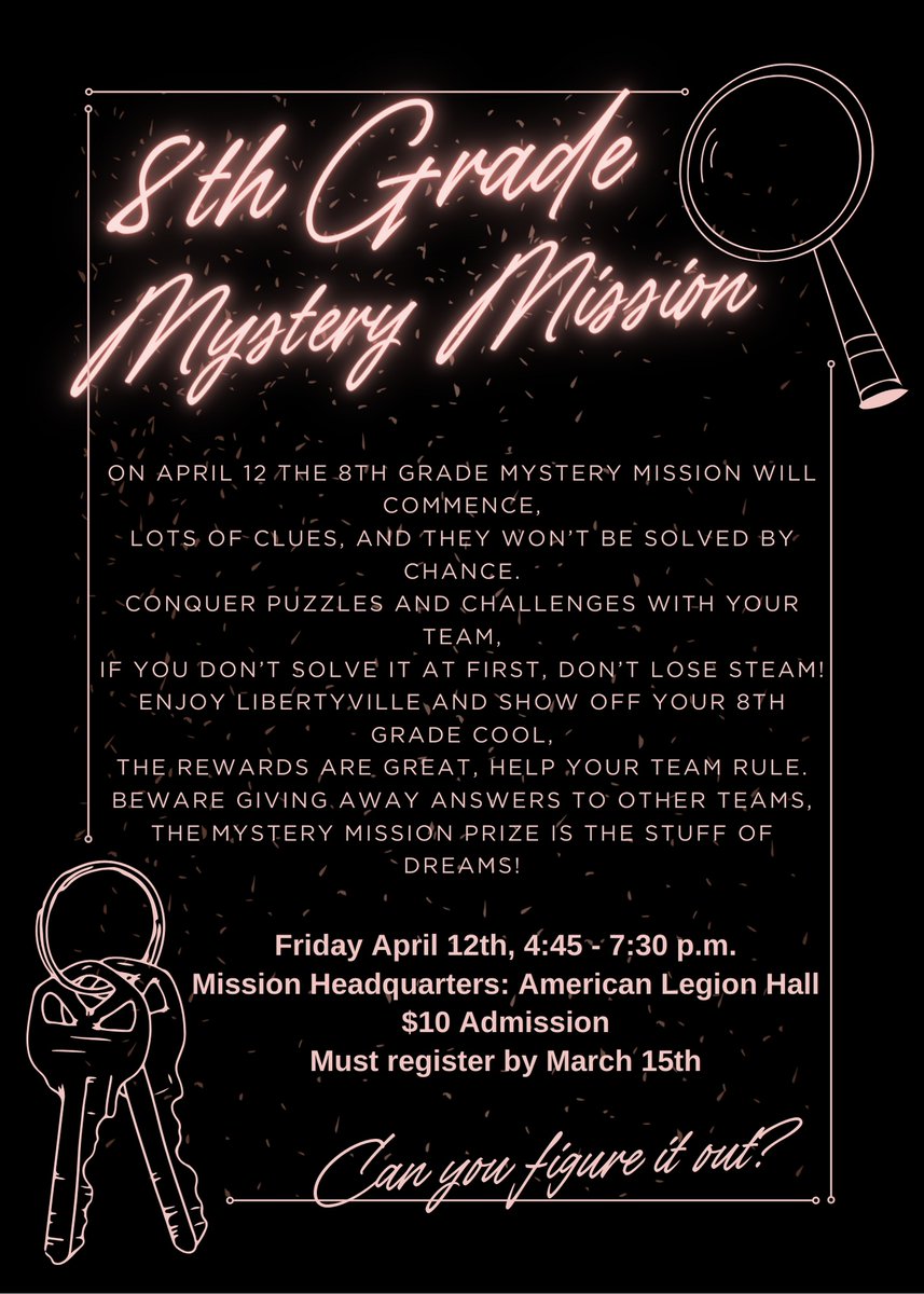 HFAD70's tweet photo. Register your 8th Grader for the Mystery Mission event today! https://t.co/0DlxvGIvOW