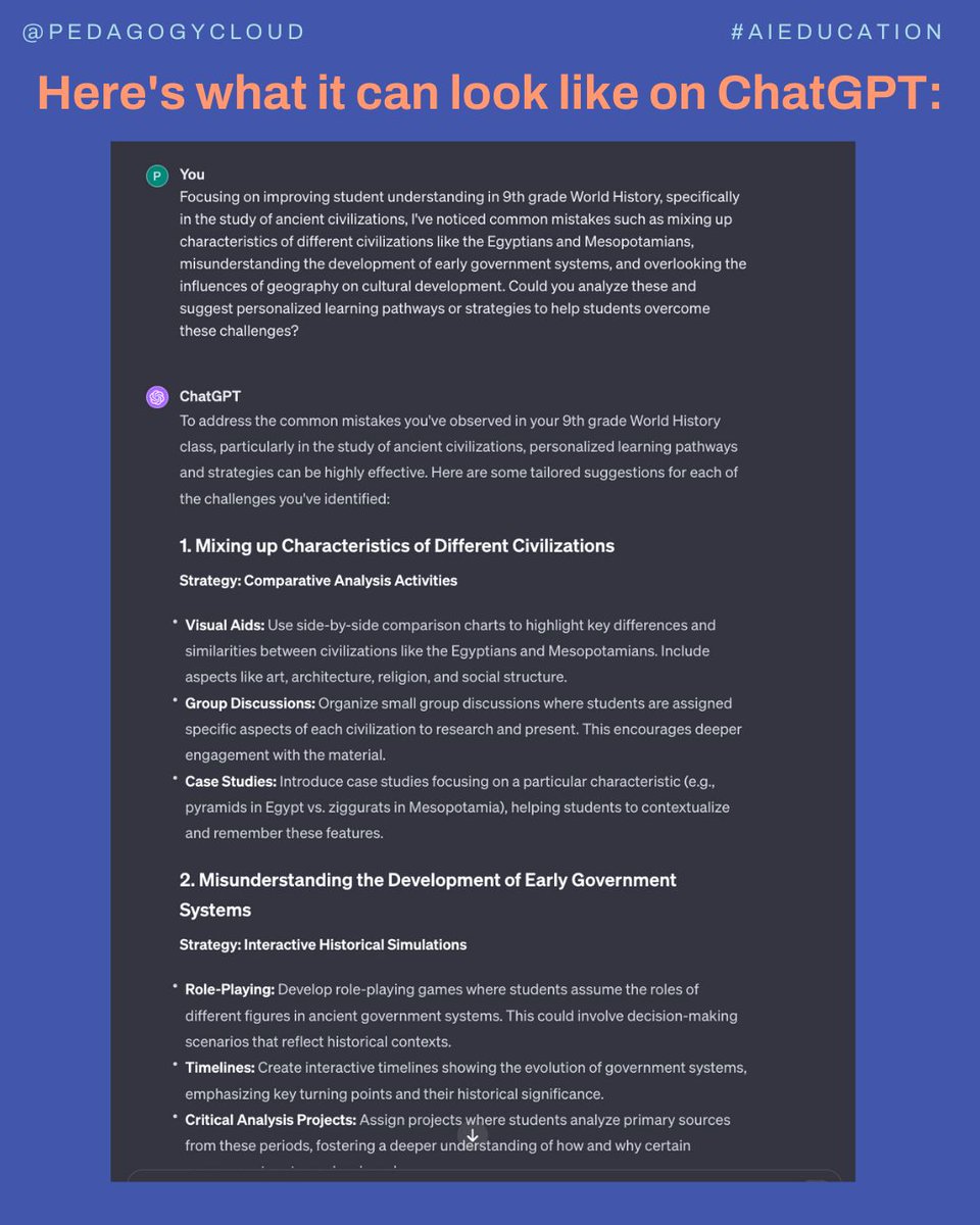 _pedagogy's tweet image. 💡 Utilize AI for Personalized Learning Pathway Development 🤖

☑️ How It Works:
1. Identify challenging subjects or skills.
2. Share common student mistakes.
3. Request AI analysis for personalized pathways.
4. Get AI-crafted, targeted learning strategies.