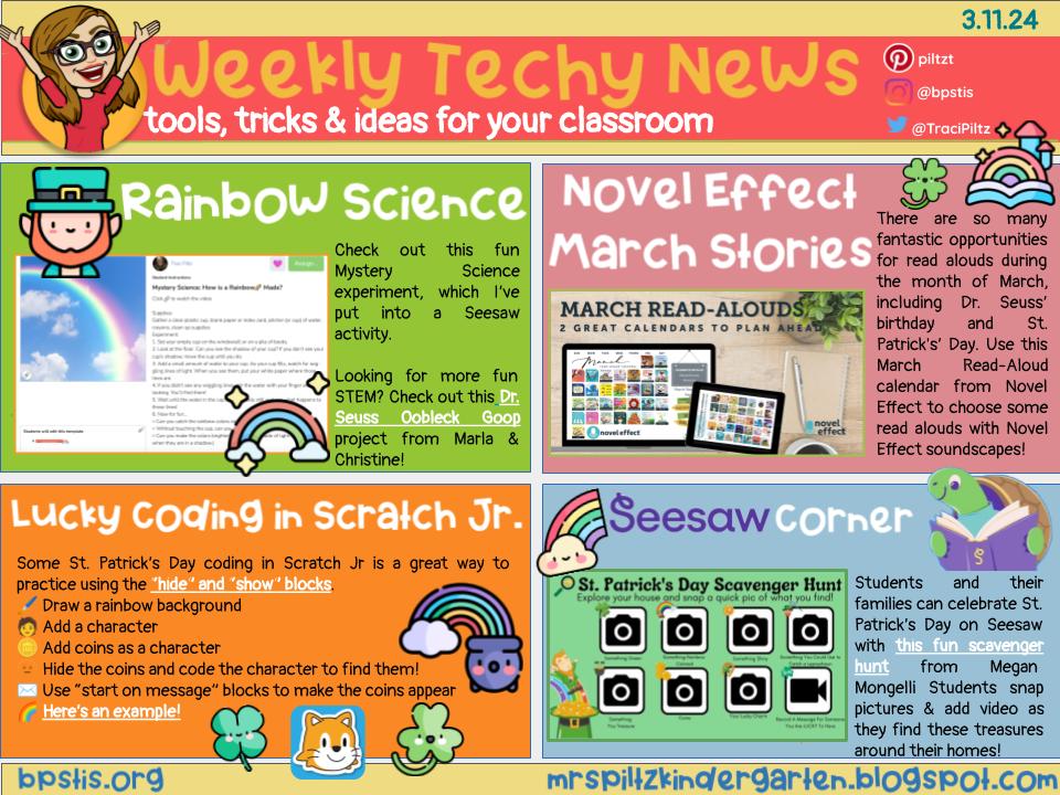 Traci Piltz 💛✨ (@tracipiltz) on Twitter photo 📰Weekly Tech-y News📰
🌈Rainbow science with <a href="/MysterySci/">Mystery Science</a> & <a href="/Seesaw/">Seesaw</a>
📗March read alouds from <a href="/Novel_Effect/">Novel Effect 📚🎶</a>
☘️St. Patrick's Day coding in <a href="/ScratchJr/">ScratchJr</a>
🔎Scavenger hunt in Seesaw from <a href="/MongelliMegan/">Megan Mongelli</a>
➡️bit.ly/3v0KkoT⬅️ 📰Weekly Tech-y News📰
🌈Rainbow science with <a href="/MysterySci/">Mystery Science</a> & <a href="/Seesaw/">Seesaw</a>
📗March read alouds from <a href="/Novel_Effect/">Novel Effect 📚🎶</a>
☘️St. Patrick's Day coding in <a href="/ScratchJr/">ScratchJr</a>
🔎Scavenger hunt in Seesaw from <a href="/MongelliMegan/">Megan Mongelli</a>
➡️bit.ly/3v0KkoT⬅️