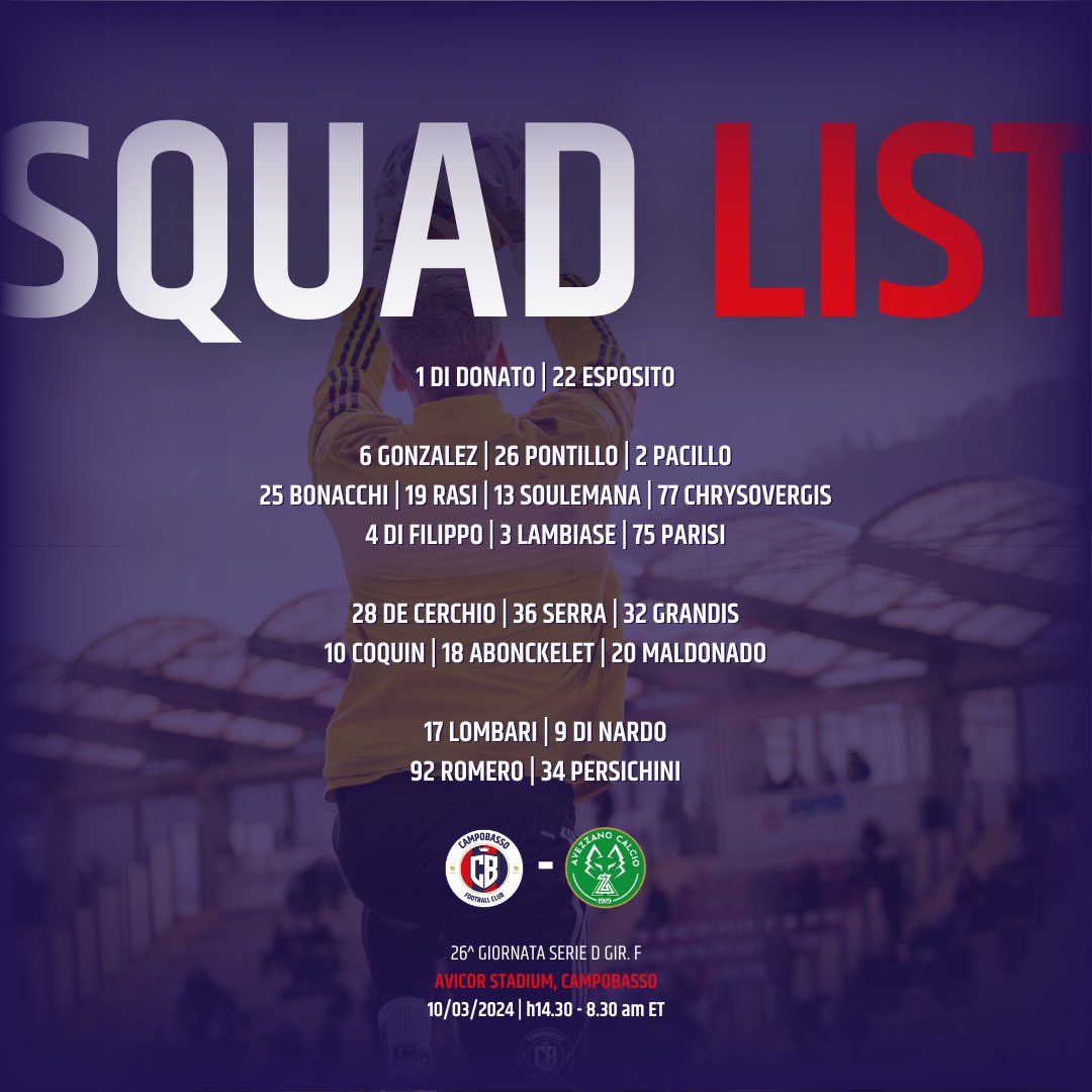 Campobasso1919's tweet photo. 🔴🔵SQUAD LIST
Campobasso-Avezzano si avvicina. Ecco i convocati!
#CAMAVE https://t.co/UpVJiQvExF