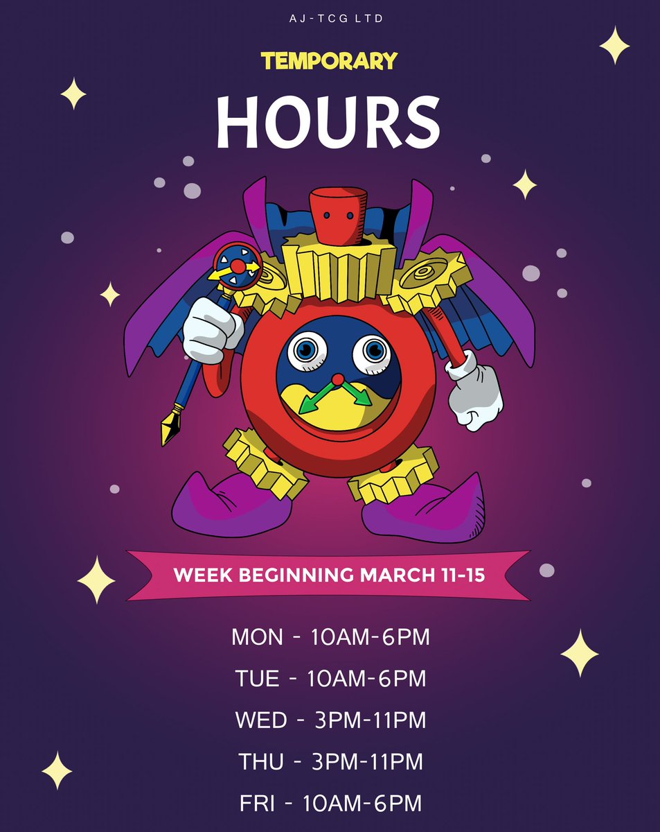 AJ_TCG_LTD's tweet photo. Time wizard has a message for you. 

All weekly tournaments will be running apart from Monday night One Piece.

Any questions please feel free to message me. ☺️ https://t.co/sc98maxR71