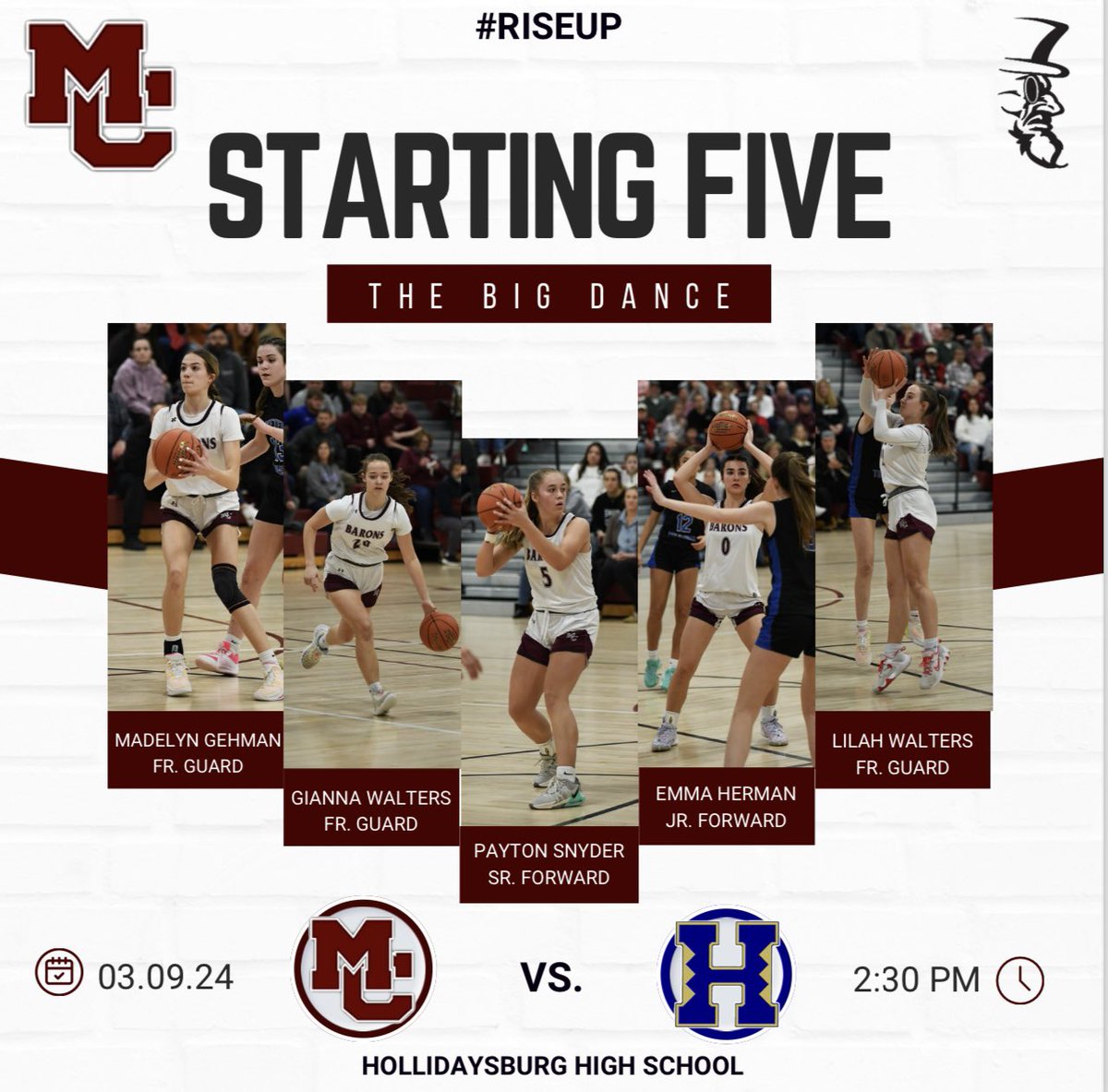 Your Lady Barons starting lineup for today’s PIAA 5A Girls’ Basketball Championship First Round State Playoff Game vs. Hollidaysburg! #RISEUP 🏀