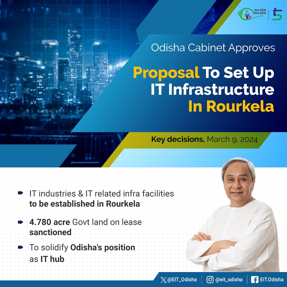 Further strengthening #Odisha's position as IT hub in the country, #OdishaCabinet headed by Hon'ble CM Shri @Naveen_Odisha has approved proposal to provide land in #Rourkela to establish IT industries and IT related infrastructure facilities.  #OdishaOnTheMove #5T