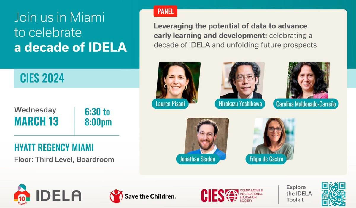 Excited to present on benchmarks for an #ECD assessment in a session with @lauren_pisani, @HiroYoshikawaNY, and researchers from @Uniandes and @SavetheChildren at #CIES2024 @cies_us. Come join us on Wednesday at 1830 (drink in hand?) for a celebration of a decade of #IDELA.