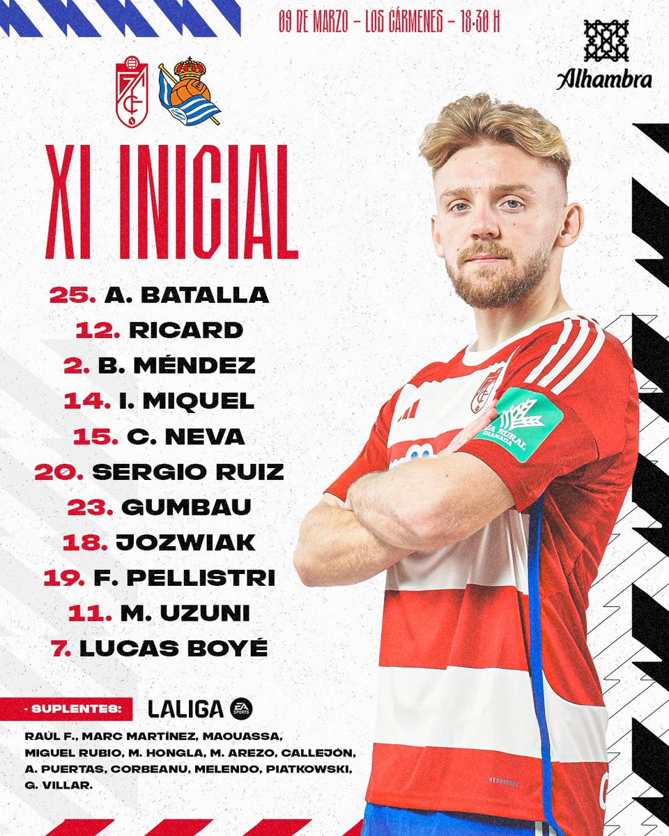 GranadaCF's tweet photo. 📋 𝗫𝗜 𝗜𝗡𝗜𝗖𝗜𝗔𝗟 

¡Estos son los jugadores elegidos por Alexander Medina para el encuentro frente a la @RealSociedad! ❤️⚔️ 
 
#𝙀𝙩𝙚𝙧𝙣𝙖𝙇𝙪𝙘𝙝𝙖 🇦🇹 | #GranadaRealSociedad https://t.co/eGxpP5SVTw
