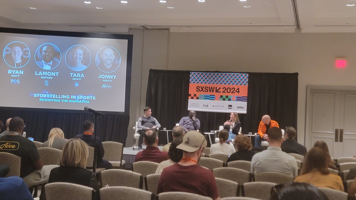 Day 2 kicking off talking about storytelling in sports and sports tech! I love this so much for my Sat morning. Thanks <a href="/xteam/">X-Team</a>!!  #sxsw2024 #beauthentic #dothework