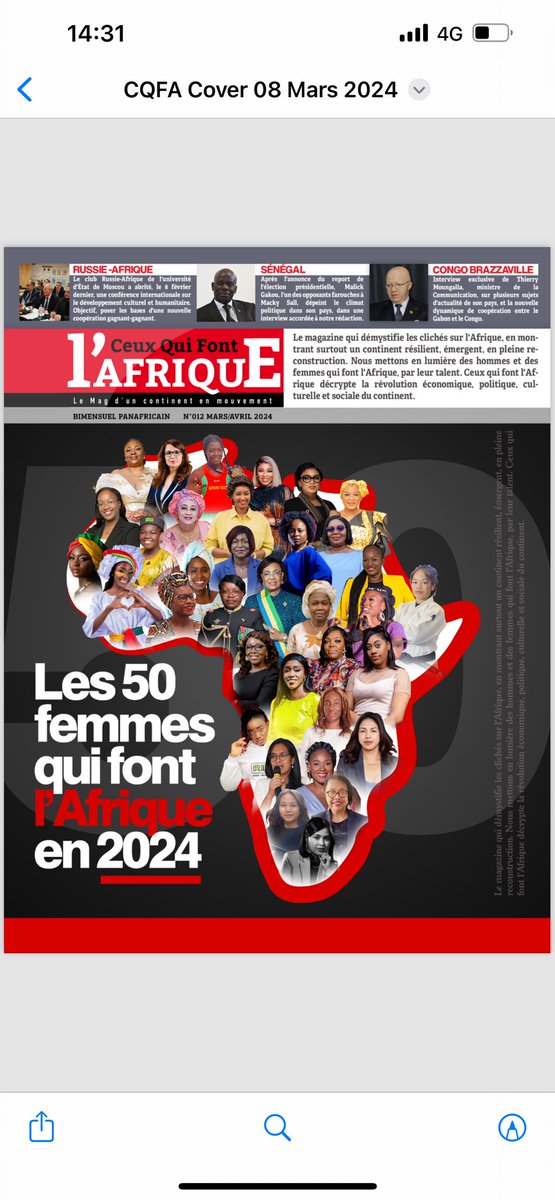 Sokhna_BA2's tweet photo. 50 FEMMES LES PLUS INFLUENTES EN AFRIQUE.

Heureuse et fière d’être sélectionnée par le Prestigieux Magazine International " CEUX QUI FONT L'AFRIQUE " parmi l'une des 50 FEMMES LES PLUS INFLUENTES.

Je remercie toute l'équipe de prestigieux Magazine d'avoir porté son choix sur ma modeste personne pour intégrer ce cercle restreint de femmes influentes en Afrique.

C'est une marque de considération qui nous réconforte davantage dans notre combat de tous les jours.

Le magazine sera disponible d'ici quelques jours avec un numéro Spécial Femmes en ce mois de mars.

Je dédie cette distinction a mon Président de Parti par ailleurs mon mentor Serigne Moustapha Sy ainsi que toutes les femmes du monde entier.

Je la dédie également à tous les responsables du PUR et tous ceux qui m'encouragent et me conseillent d'aller de l'avant tous les jours. Merci à Tidiane DIA du magazine Panafricain et cheikh Coach qui ont fait le portrait.

#8marzo2024 
#Serigne_Moustapha_Sy
#Femmes 
#PUR
#AMD
#SargalDjiguene #AMD2024