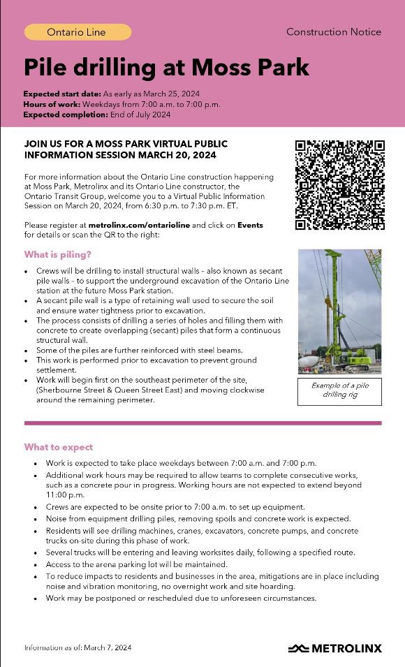 FOMossPark's tweet photo. Metrolinx Virtual community event

Pile Drilling at Moss Park:
•Starting March 25, 2024, pile drilling at Moss Park is to be completed by July 2024
•Work conducted on weekdays from 7  to 7

Virtual Session:
◦Wednesday, March 20
◦6:30 PM - 7:30 PM
◦This is an online webinar https://t.co/0Nu7NIYJT9