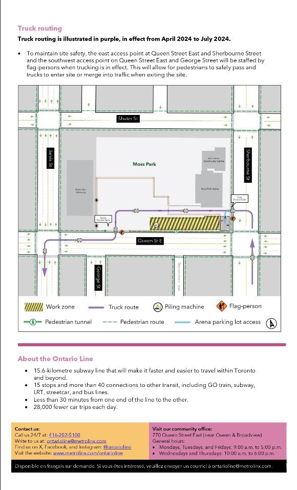 Metrolinx Virtual community event

Pile Drilling at Moss Park:
•Starting March 25, 2024, pile drilling at Moss Park is to be completed by July 2024
•Work conducted on weekdays from 7  to 7

Virtual Session:
◦Wednesday, March 20
◦6:30 PM - 7:30 PM
◦This is an online webinar