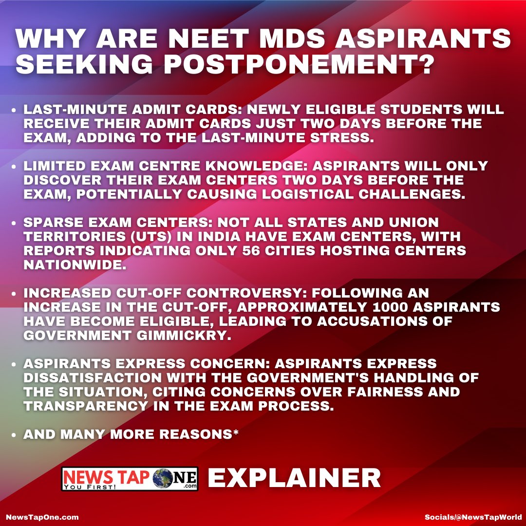 newstapworld's tweet photo. NT Explainer: Why are #NEETMDS aspirants seeking postponement?

Last-minute admit cards, limited centers, increased cut-off controversies, and aspirant dissatisfaction raise fairness concerns in exams.

#RescheduleNEETMDS2024 #RescheduleNEETMDS2024toJULY https://t.co/eItaYvtfQK