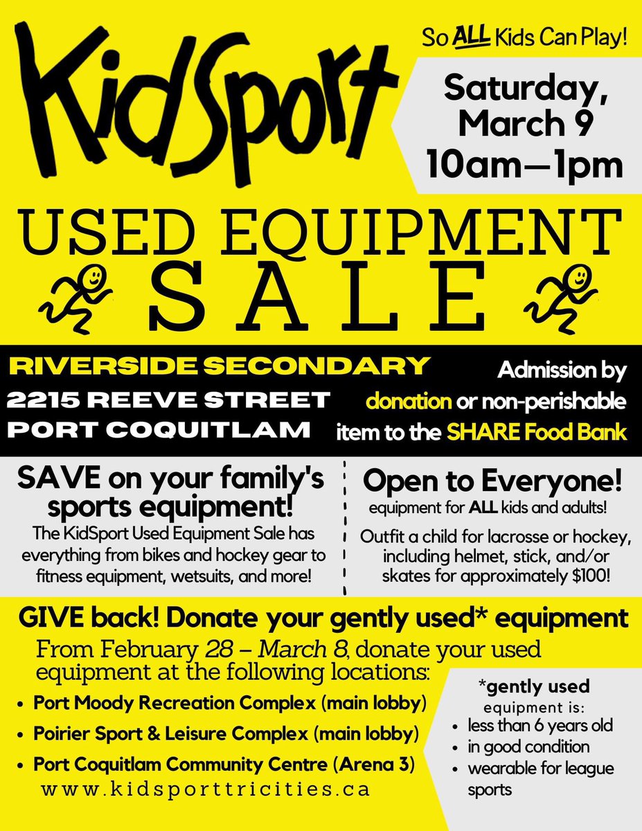 KidSportBC's tweet photo. Today’s the day! Head to Riverside Secondary in Port Coquitlam for some great deals on used equipment with proceeds benefiting @KidSportTC #SoALLKidsCanPlay https://t.co/PXrwbm3Cjo