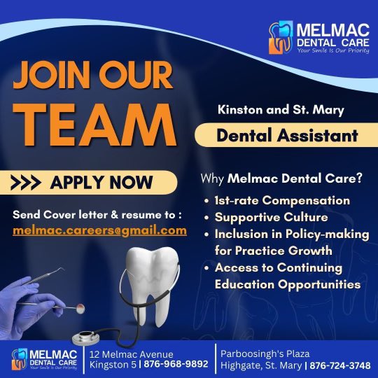 📣 Now #Hiring! Join our Team at Melmac Dental Care 🌟
Seeking #DentalAssistant & Patient Treatment Coordinator positions in Crossroads, #Kingston & Highgate, St Mary. Passionate about #dentistry? Submit your application via email or LinkedIn and be part of our innovative team.