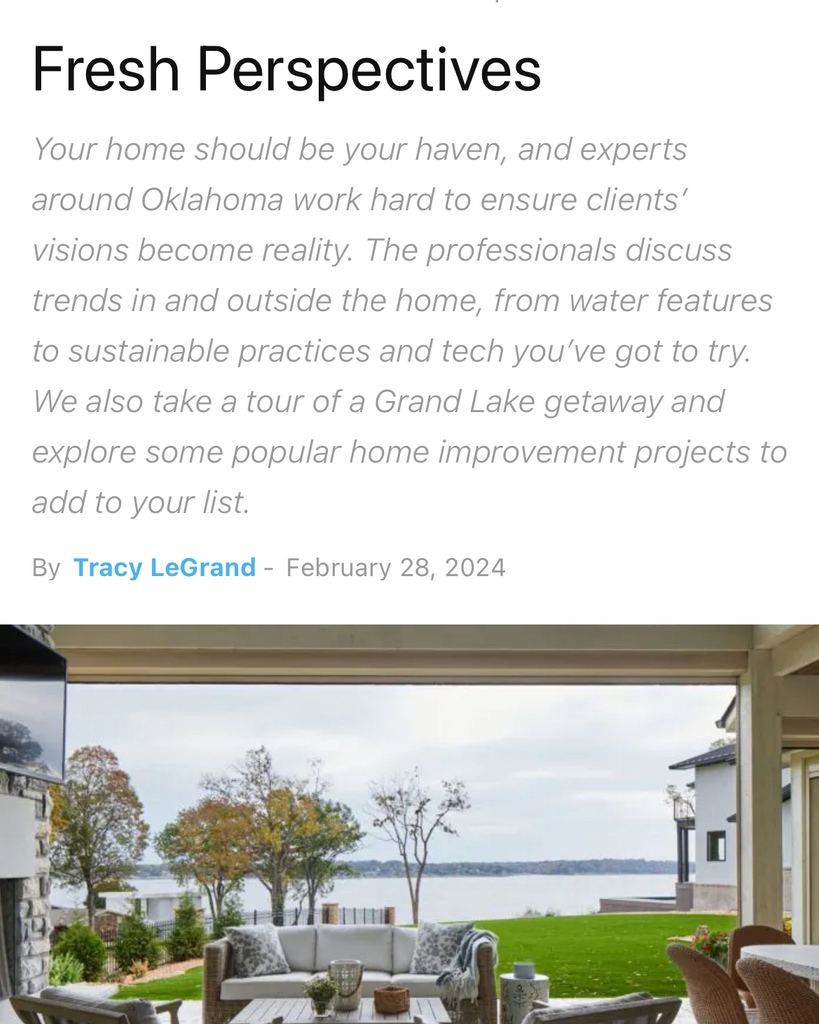 Discover the latest outdoor living trends of 2024 featured in our exclusive interview with @Oklahoma_mag in their March publication. Share your outdoor living desires with us by reaching out. We’d love to help! See the full article at okmag.com/blog/fresh-per…