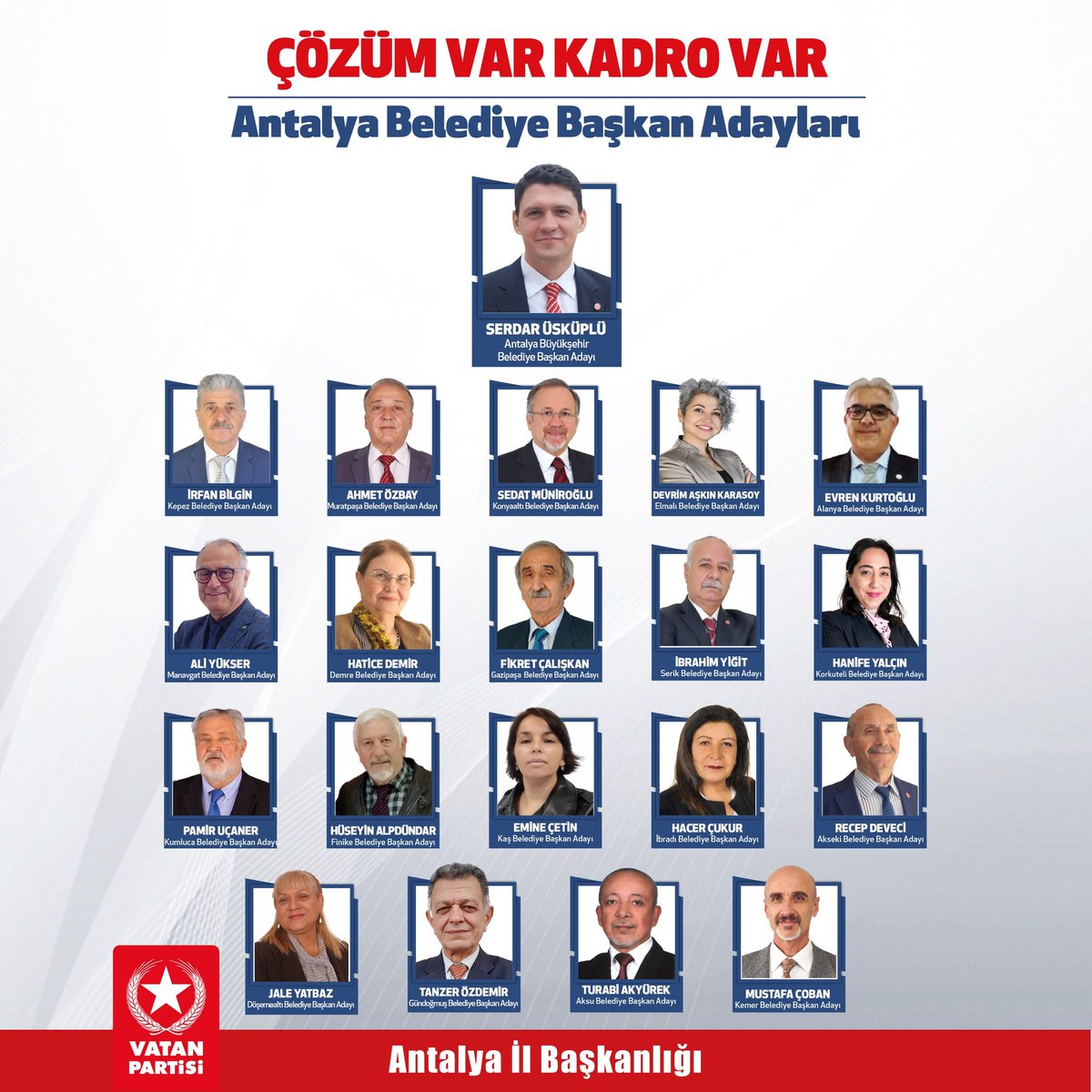 ÇÖZÜM VAR KADRO VAR!

📍Antalya Büyükşehir Belediyesi ve 19 ilçemizde öncü kadrolarımızla çözüm için geliyoruz.

📍Antalya'yı; Avrasya'nın turizm, tarım, sanayi ve kültür başkenti yapmak için öncü kadrolarımız ve çözümlerimizle halkımızdan yetki istiyoruz.