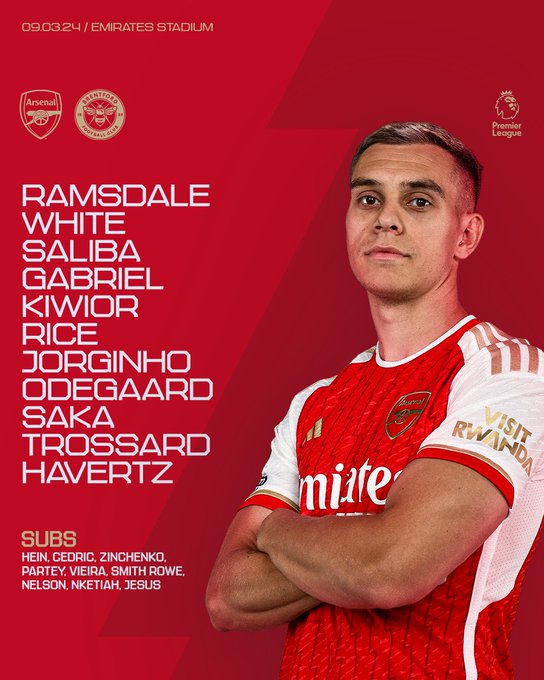 Starting XI: Ramsdale, White, Saliba, Gabriel, Kiwior, Rice, Jorginho, Odegaard, Saka, Trossard, Havertz

Substitutes: Hein, Cedric, Zinchenko, Partey, Vieira, Smith Rowe, Nelson, Nketiah, Jesus