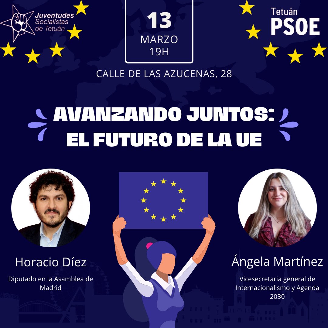 Este miércoles 13 de marzo a las 19h nos reuniremos en la sede de Tetuán para abordar el futuro de la Unión Europea junto con <a href="/HoracioDiez/">Horacio Diez 🇪🇺</a> y <a href="/angiempradas/">Angie Martínez</a> 🇪🇺🌹❤️

🗓️ 13 de marzo 
🕖 19h 
📍 Calle de las Azucenas, 28

¡Os esperamos!
